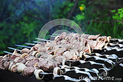 Shashlik or shashlyk meaning skewered meat was originally made of lamb. Stock Photo