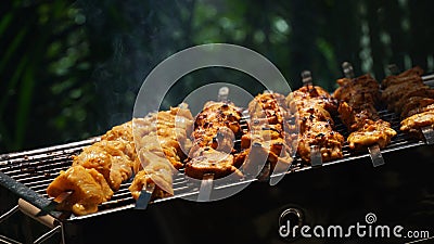 Shashlik - traditional Georgian barbecue. Closeup of raw roasted marinated meat barbecue shish kebab shashlik on steel metal Stock Photo