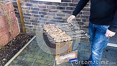 Shashlik - traditional russian barbecue. meat on barbeque. smo Stock Photo