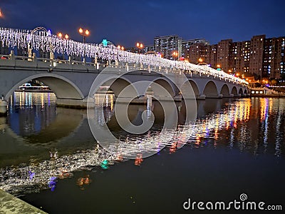 Shatin Lek Yuen Bridge with Christmas lights in Shatin Festival Editorial Stock Photo