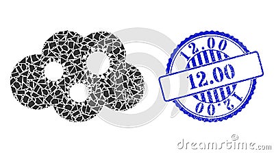 Shatter Mosaic Virus Cloud Icon with 12.00 Scratched Rubber Imprint Vector Illustration