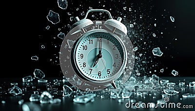 Shattered alarm clock against dark background end of deadline routine disruption. Broken clock face, scattered hands signify lost Stock Photo