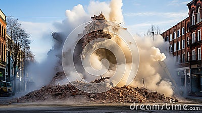 Shattered Foundations: Demolished Building and Its Impact on Urban Renewal, Generative AI Stock Photo