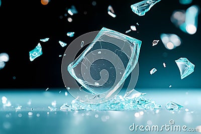 Shattered glass pieces scatter in mid air creating dynamic and striking visual sharp edges and translucent shards reflect light Stock Photo