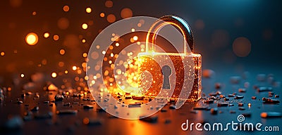 Shattered Glowing Lock Representing Cybersecurity Breach Stock Photo