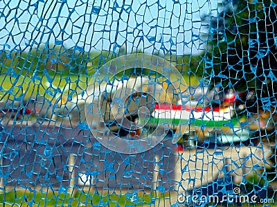 Shattered laminated safety glass closeup view. abstract image with cracks and random pattern Stock Photo