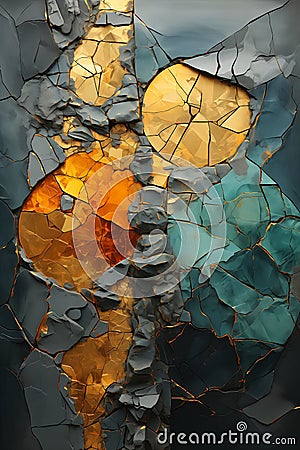 Shattered Reflections: A Closeup of Rusty Gold and Cracked Glass Stock Photo