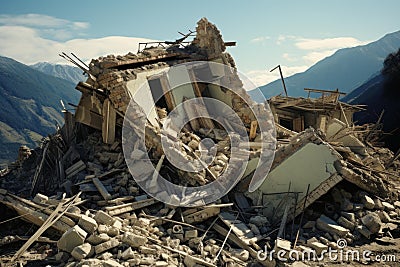 Shattered Ruined house after earthquake. Generate Ai Stock Photo