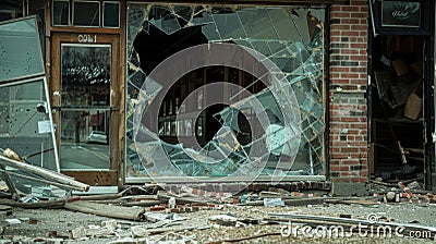 A shattered storefront with shattered glass and twisted metal a haunting reminder of the impact of a tornados Stock Photo