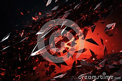 Shattering glass. red sci-fi background. Falling shards of sharp glass. crystal fragments. Stock Photo