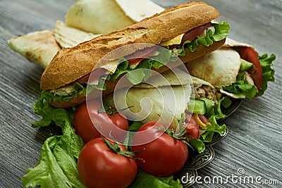 Shaurma chicken roll and long subway sandwich Stock Photo