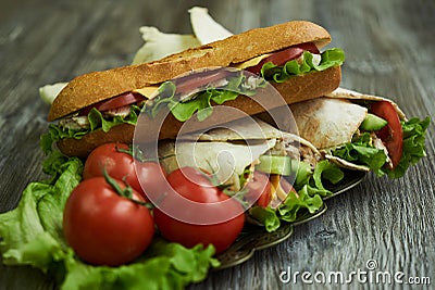 Shaurma chicken roll and long subway sandwich Stock Photo