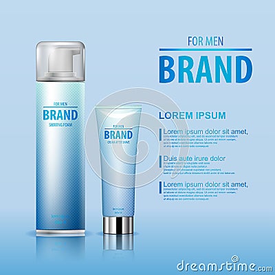 After shave cream and shaving foam set for man with brand name on blue background . vector illustration. Vector Illustration