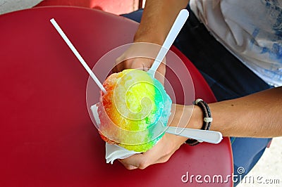 Shave Ice different flavors in Haleiwa, North Shore, Oahu, Hawaii, United States. Stock Photo