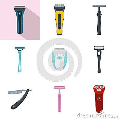 Shaver blade razor personal icons set, flat style Vector Illustration