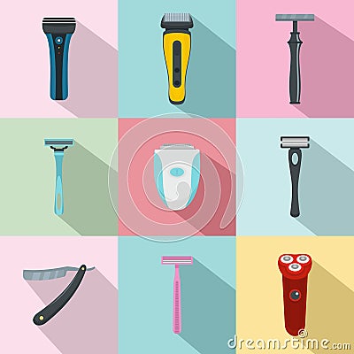 Shaver blade razor personal icons set, flat style Cartoon Illustration