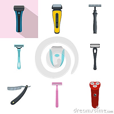 Shaver blade razor personal icons set, flat style Cartoon Illustration