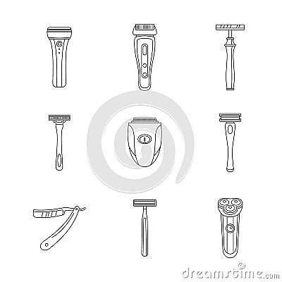 Shaver blade razor personal icons set, outline style Vector Illustration