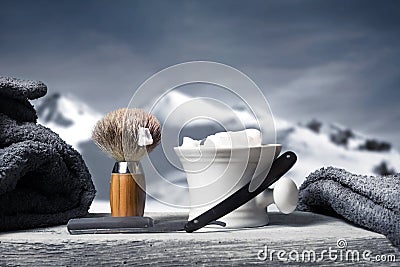 Shaving Equipment on wood in Landscape Stock Photo