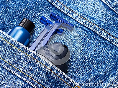 Shaving foam, disposable razors and aftershave lotion Stock Photo