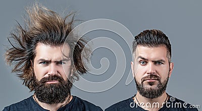 Shaving, hairstyling. Beard, shave before, after. Long beard Hair style hair stylist Collage man before and after Stock Photo