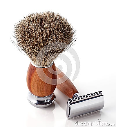 Shaving razor and brush Stock Photo