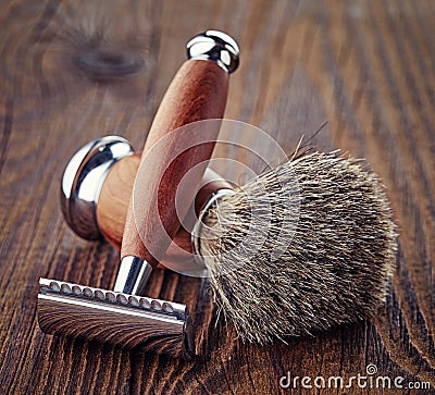 Shaving razor and brush Stock Photo