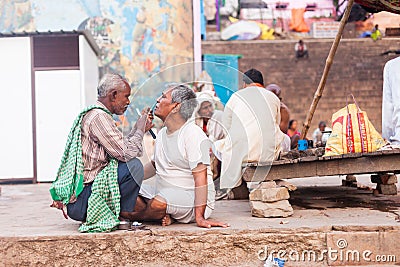 Shaving on the street, Varanasi Editorial Stock Photo