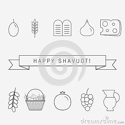 Shavuot holiday flat design black thin line icons set with text Vector Illustration