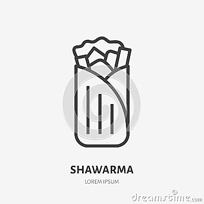 Shawarma, burrito, roll flat line icon. Vector thin sign of mexican food. Traditional meal wrap in tortilla, pita Vector Illustration
