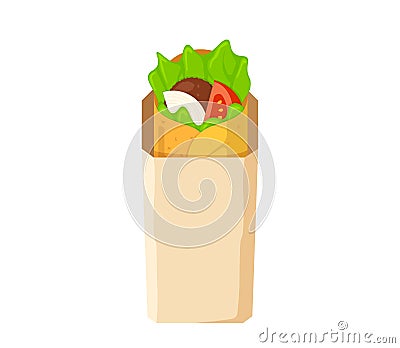 Shawarma fast food meat roll in paper packaging. Arabic eastern toasty doner kebab meal. Cartoon shaurma or burrito Vector Illustration
