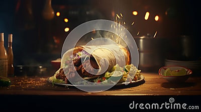 shawarma, fast food with vegetables and meat. Generative AI Stock Photo