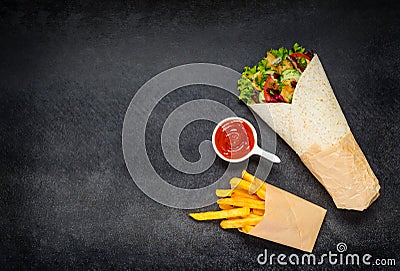 Shawarma with French Fries and Ketchup on Copy Space Stock Photo