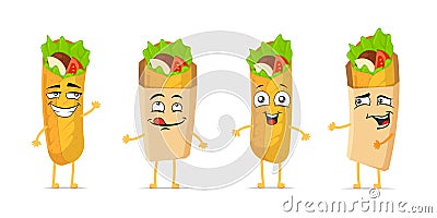 Shawarma funny smiling cartoon character set. Doner kebab cute happy face expression mascot collection. Different Vector Illustration