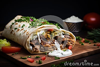 Shawarma. Meat, vegetables and salad are wrapped in pita bread. Side view Stock Photo