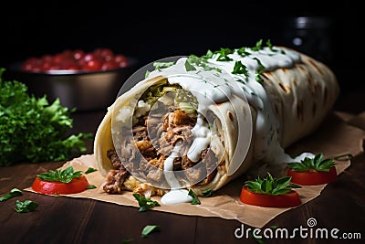 Shawarma. Meat, vegetables and salad are wrapped in pita bread. Side view Stock Photo