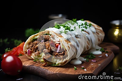 Shawarma. Meat, vegetables and salad are wrapped in pita bread. Side view Stock Photo