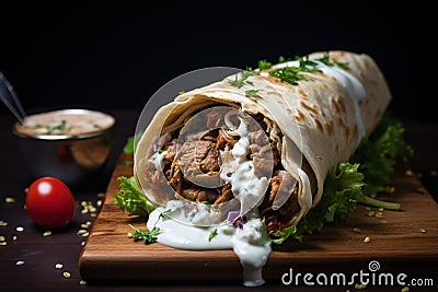 Shawarma. Meat, vegetables and salad are wrapped in pita bread. Side view Stock Photo