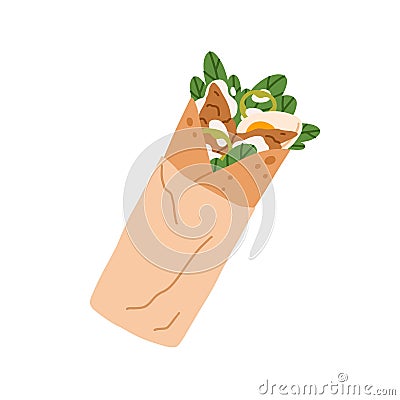 Shawarma wrap. Kebab roll in takeaway paper. Shawerma, doner with meat, egg, lettuce filling in lavash. Street snack Vector Illustration