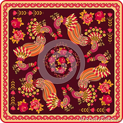 Shawl with fabulous birds, red roses and paisley border in folk style. Russian motif Vector Illustration