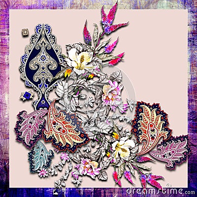 shawl motif colorful floral silk scarf design Stock Photo