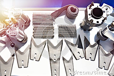 Shear blades and wire mesh conveyor belts metal parts Stock Photo