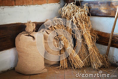 Sheaves of wheat spikelets and bags of flour Stock Photo