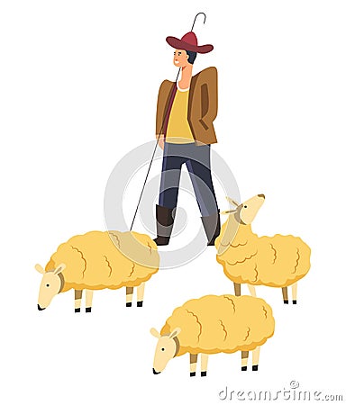 Sheep animals domestic pets and smiling shepherd vector Vector Illustration