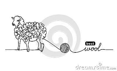 Sheep best, finest wool. Vector label design, background. One continuous line drawing of sheep and wool. Vector Illustration