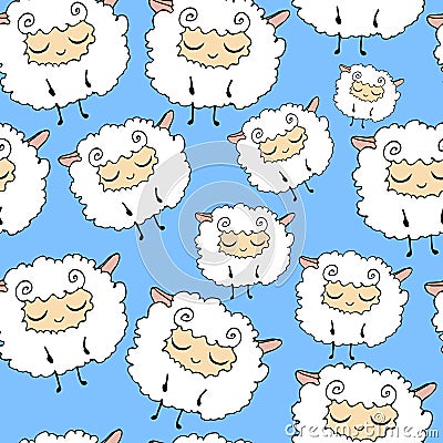 Sheep on a blue background, furry, funny, dream sheep seamless pattern Vector Illustration