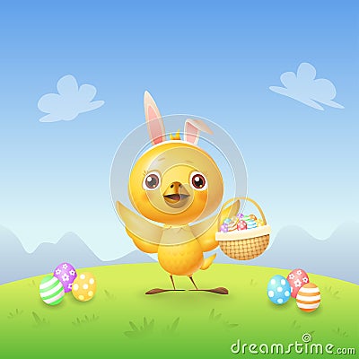 Chicken with bunny ears and basket with decorated eggs celebrate Easter - spring landscape background Vector Illustration