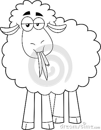 Outlined Funny Sheep Cartoon Character Eating A Grass Vector Illustration