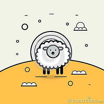 Minimal Line Illustration Of Sheep In Serene Landscape Cartoon Illustration