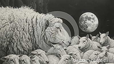 Sheep counting wolves under a full moon in a surreal night scene Cartoon Illustration